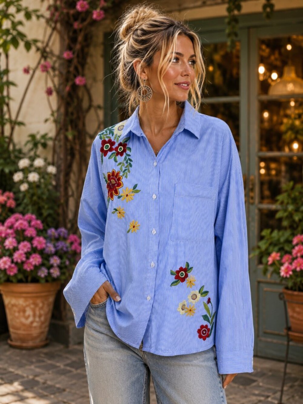 Giani Bini Blue Striped Floral Embroidered Button-Up Shirt | Size Est. L